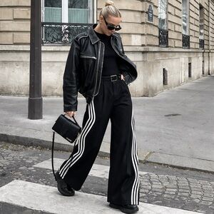 Trendy Wide-Leg Black Pants w/Wavy Triple Side Stripes